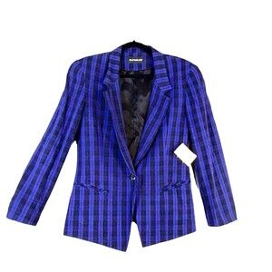 Suitables Blazer Womens 10 Royal Blue Black Plaid Edwardian Cut 1 Button Lined